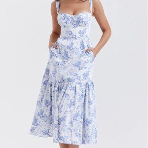 Commense Forget Me Not Floral Pockets Zippered Long Dress